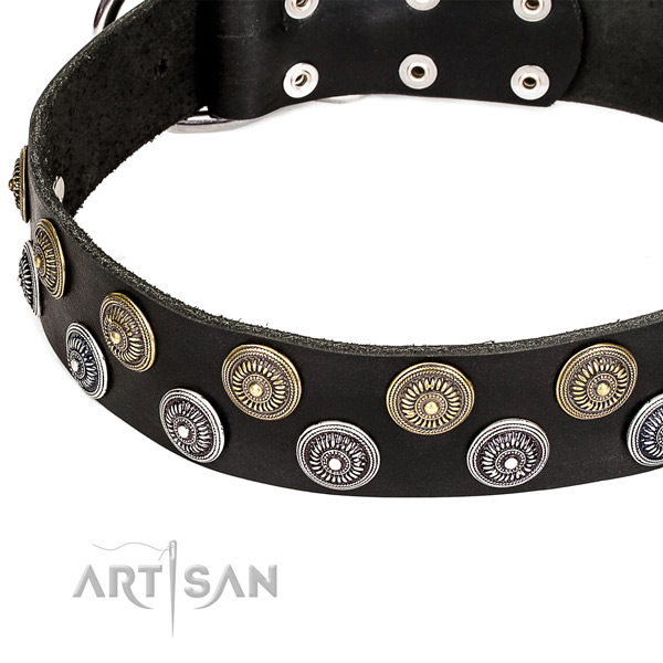 Natural genuine leather dog collar with exquisite adornments