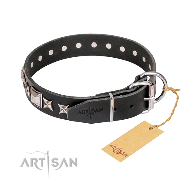 Daily walking natural genuine leather collar with studs for your doggie