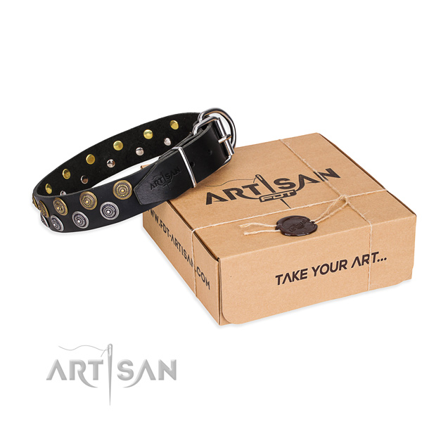 Full grain natural leather dog collar with decorations for handy use