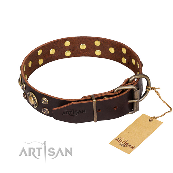 Daily use full grain natural leather collar with decorations for your pet