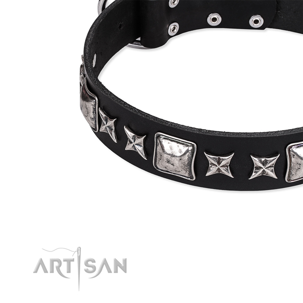 Leather dog collar with embellishments for easy wearing