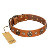 "Call of Feat" FDT Artisan Tan Leather Newfoundland Collar with Old Bronze-like Studs and Oval Brooches "Call of Feat" FDT Artisan Tan Leather Newfoundland Collar with Old Bronze-like Studs and Oval Brooches