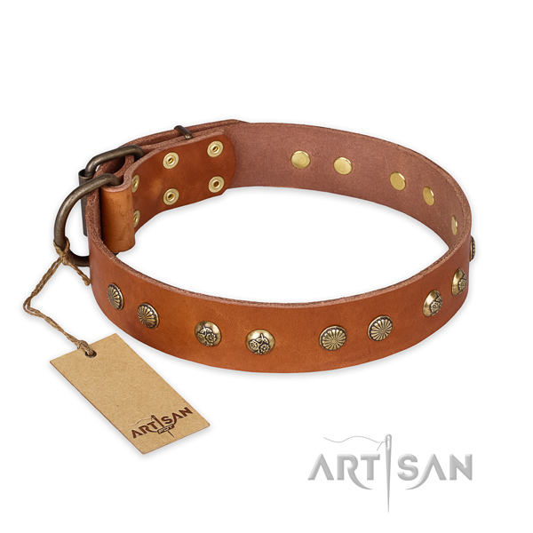 Decorated leather dog collar with corrosion resistant traditional buckle