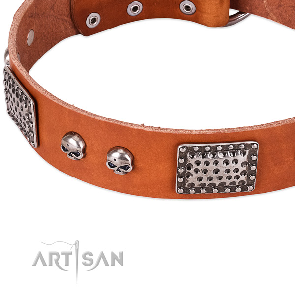 Strong fittings on natural genuine leather dog collar for your canine
