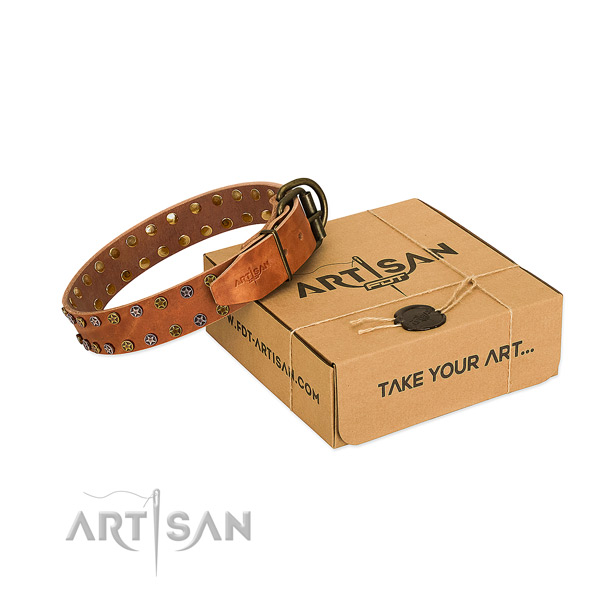 Everyday use gentle to touch full grain natural leather dog collar with embellishments