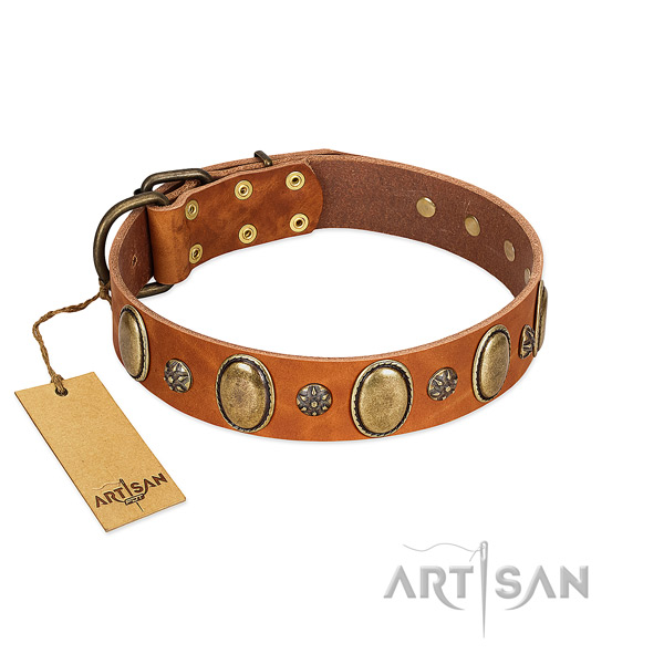 Easy wearing quality genuine leather dog collar with decorations