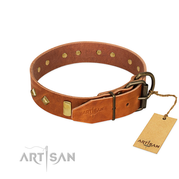 Gentle to touch natural leather dog collar with strong D-ring