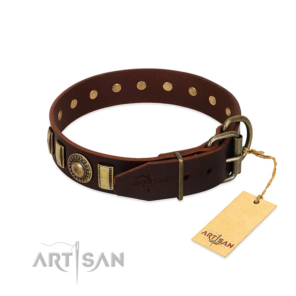 Perfect fit full grain natural leather dog collar with strong D-ring