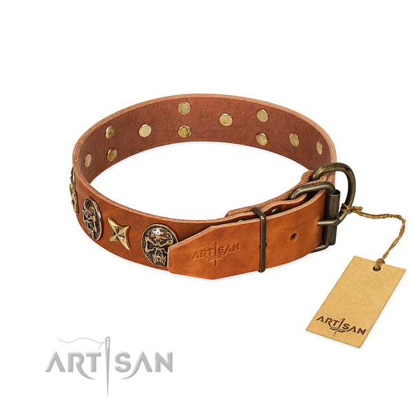 Natural genuine leather dog collar with rust-proof traditional buckle and studs