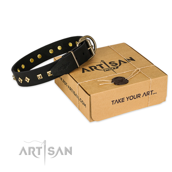 Reliable traditional buckle on full grain natural leather collar for your lovely doggie