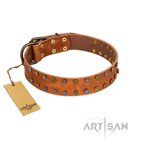 Comfy wearing top notch full grain genuine leather dog collar with embellishments