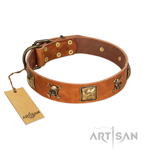 Fashionable full grain natural leather dog collar with corrosion resistant decorations