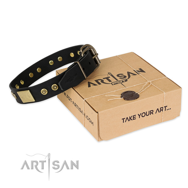 Strong traditional buckle on full grain natural leather dog collar for everyday use