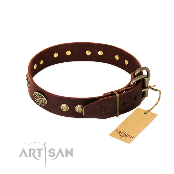 Corrosion proof hardware on full grain leather dog collar for your canine