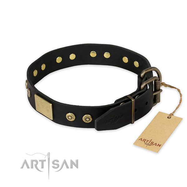 Durable hardware on full grain genuine leather collar for daily walking your four-legged friend