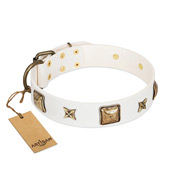 "Dog in White" FDT Artisan White Leather Dog Collar Adorned with Stars and Squares "Dog in White" FDT Artisan White Leather Dog Collar Adorned with Stars and Squares