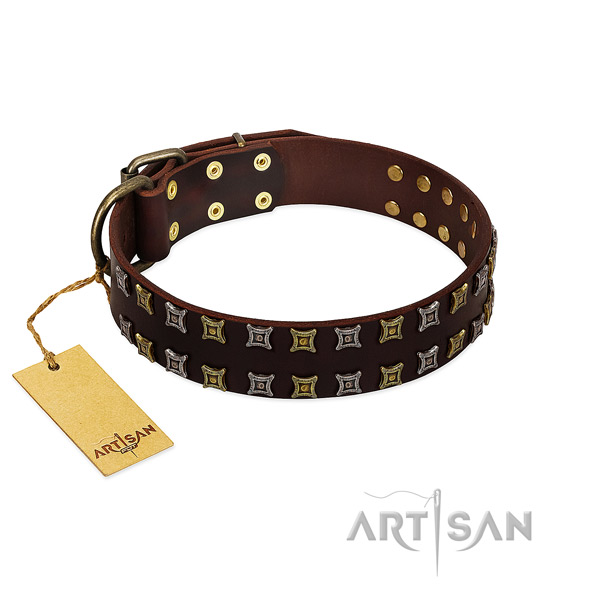 Soft genuine leather dog collar with adornments for your doggie
