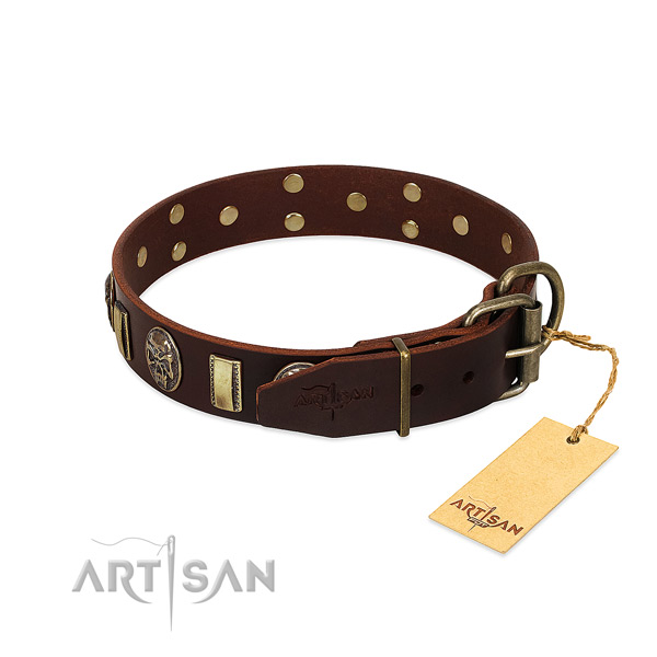 Full grain genuine leather dog collar with rust-proof traditional buckle and studs