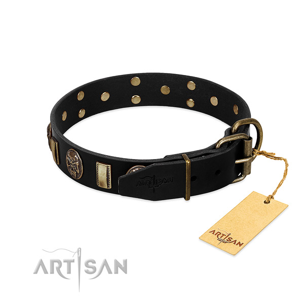 Genuine leather dog collar with reliable buckle and adornments