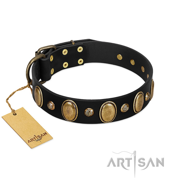Genuine leather dog collar of gentle to touch material with designer embellishments