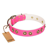 "Bright Delight" Pink FDT Artisan Leather Newfoundland Collar with Large Old Bronze-like Plated Studs "Bright Delight" Pink FDT Artisan Leather Newfoundland Collar with Large Old Bronze-like Plated Studs