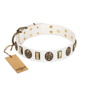 "Mystery of Times" FDT Artisan White Leather Newfoundland Collar with Plates and Medallions with Skulls "Mystery of Times" FDT Artisan White Leather Newfoundland Collar with Plates and Medallions with Skulls